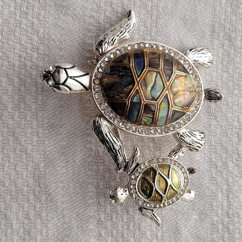 Turtle Brooch Pin With Abalone Shell & Rhinestone… - image 5